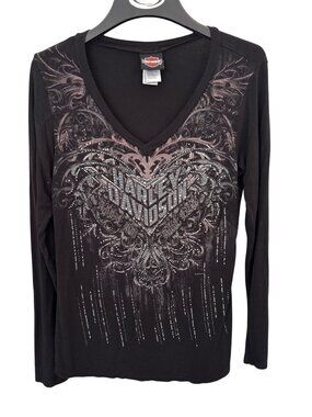 Harley Davidson T Shirt Size Medium V Neck Long Sleeve Rhinestone Embellished